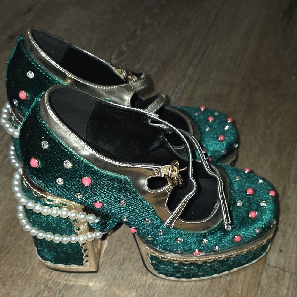 Green and Gold Mary Jane Shoes with Pink Accents